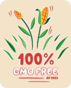 Illustration with corn and written inscription "100% GMO free by 2025"